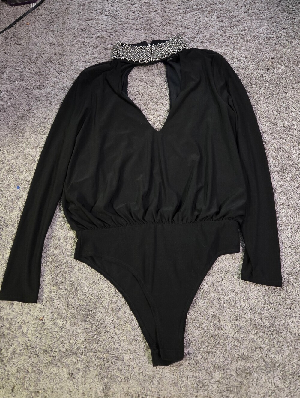 Lipsy Black Long-Sleeve Bodysuit with Embellished Collar